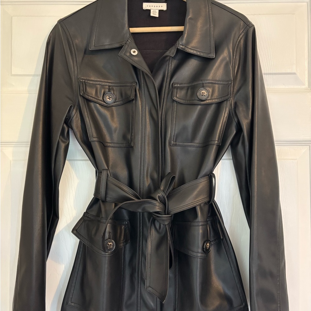 Topshop Black Faux Leather Belted Jacket